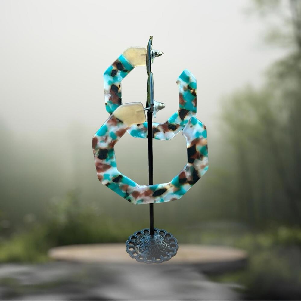 Geometric Pattern Resin Hoop Earrings - Tortoise Blue